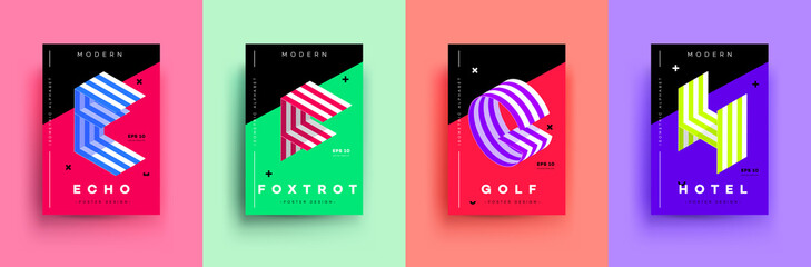 Modern Typographic Colorful Covers. Isometric Letters E, F, G, H With Abstract Memphis Design Background. Vector Trendy Template For Your Posters, Banners, Presentations, Layouts