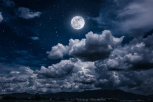 Night Sky With Bright Full Moon And Dark Cloud, Serenity Nature Background.