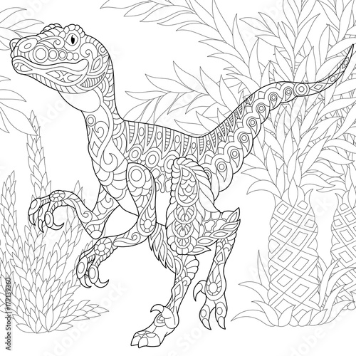 Fotografie, Obraz Coloring page of velociraptor dinosaur of the late Cretaceous period