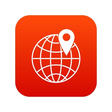 Globe with pin icon digital red