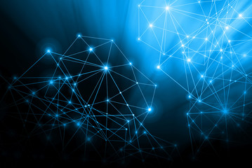 Poster - Abstract background with connected lines and dots for your design. Smooth lines, beautifully intertwined, shining dots and flashes on a dark background