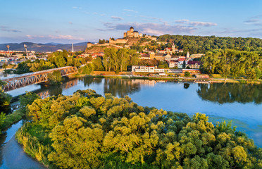 Wall Mural - View of Trencin with the Trencin castle above the Vah river in Slovakia