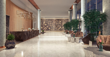 Lobby entrance with reception desk and lounge area 3D Rendering