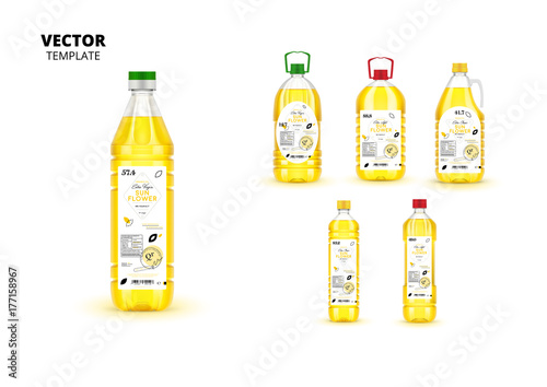 Realistic Extra Virgin Sunflower Oil Plastic Bottles With Labels Layout Of Food Identity Branding Modern Packaging Design Traditional Healthy Product Organic Vegan Nutrition Vector Illustration Buy This Stock Vector And Explore