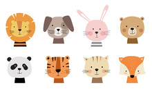Cartoon Cute Animals For Baby Cards. Vector Illustration. Lion, Dog, Bunny, Bear, Panda, Tiger, Cat, Fox.