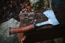 Sharp Hatchet Hand Tool On Old Wood