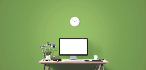 Wall Mural - computer display and office tools on desk. desktop computer screen isolated. modern creative workspa