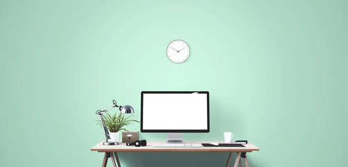 Wall Mural - computer display and office tools on desk. desktop computer screen isolated. modern creative workspa