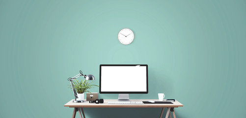Wall Mural - computer display and office tools on desk. desktop computer screen isolated. modern creative workspa