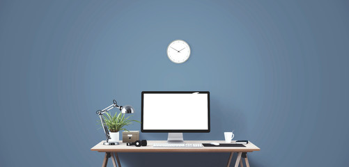 Wall Mural - Computer display and office tools on desk. Desktop computer screen isolated. Modern creative workspace background. Front view.