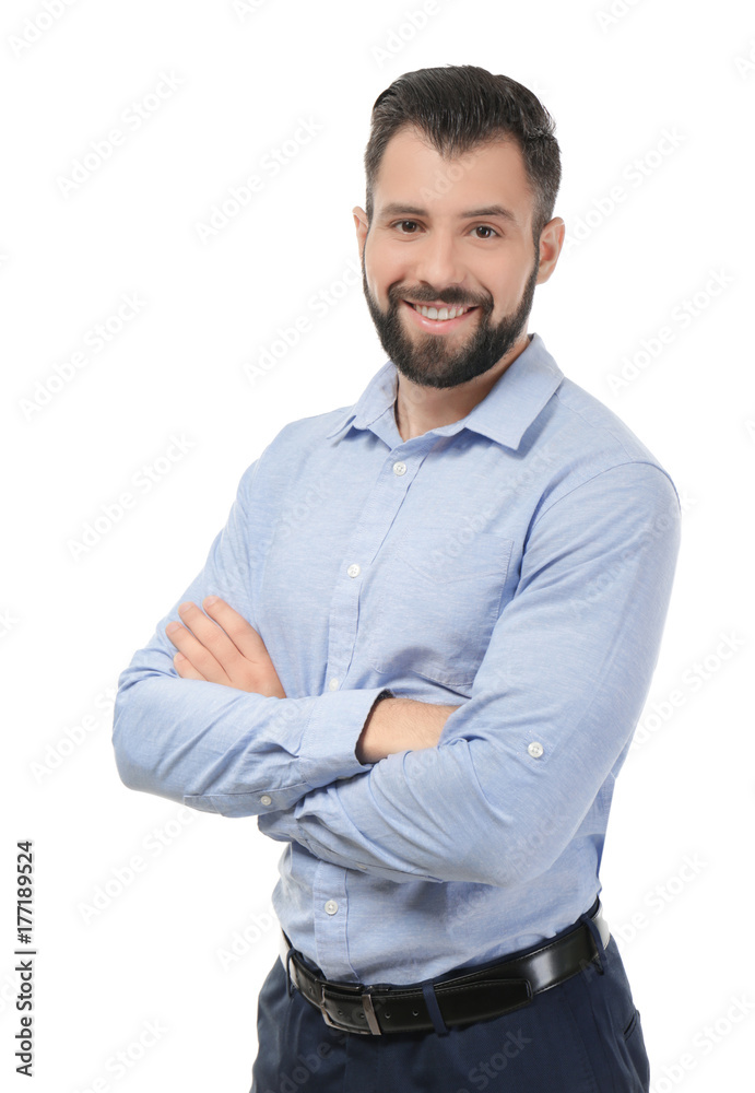 Handsome successful businessman on white background