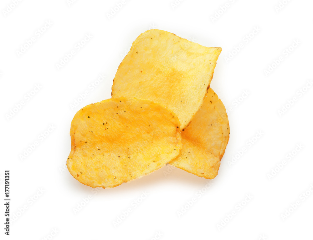 Potato chips on white background