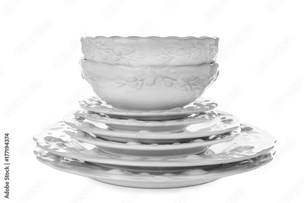 Ceramic dishware on white background