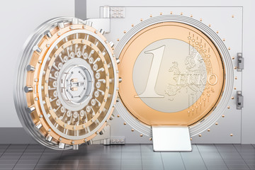 Poster - open bank vault with euro coin, 3d rendering