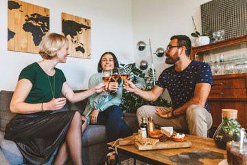 friends are relaxing and toasting together with wine and ready to eat food