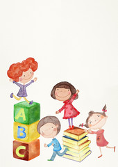 Wall Mural - School children. Education concept. Watercolor.