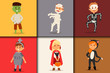 © Vectorvstocker - Cute kids wearing Halloween party costumes vector.