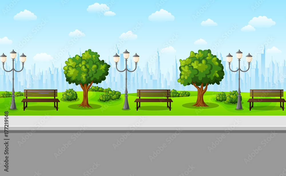 Green city park with benches, streetlights and trees Stock Vector ...