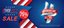 4th July Happy Independence Day Sale Banner Template Design With Red Ribbons On Blue Back Ground
