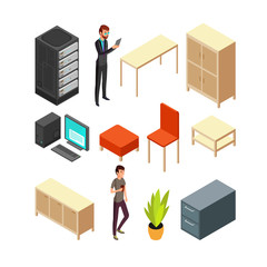 Canvas Print - Set of office isometric icons. Server rack, table, armchair, computer, table, cupboard