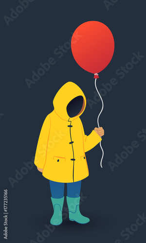 Faceless boy in yellow raincoat holds red balloon. Horror vector ...
