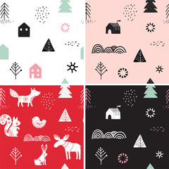 Wall Mural - Christmas, winter seamless patterns set, hand drawn elements in Scandinavian style