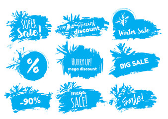 Winter sale banner with stains and snowflakes. Season clearence discount stamp