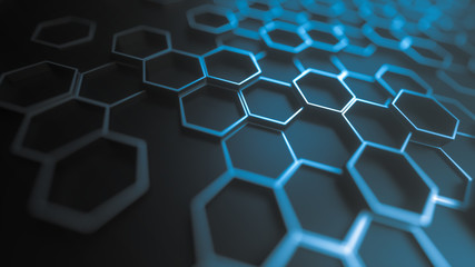 Fototapete - blue abstract hexagonal geometric background. structure of a many number of shining metal hexagons o
