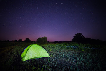 Wall Mural - green tent under the starry sky in the field