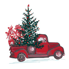 Festive New Year 2018 Card. Red Truck With Fir Tree Decorated Red Balls Isolated On White Background
