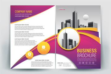 Wall Mural - Brochure Cover Layout with purple and yellow wavy line  , A4 Size Vector Template