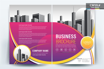 Wall Mural - Brochure Cover Layout with purple and yellow wavy line  , A4 Size Vector Template