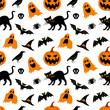 Vector seamless pattern for Halloween. Seamless background with Halloween elements: jack-o-lantern, black cat, ghosts, raven, bats, witch’s hat, skull and spider