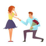 Fototapeta  - Young happy couples in love, man and woman. Man makes a proposal to his girlfriend, kneeling. Vector Illustration, isolated on white background.