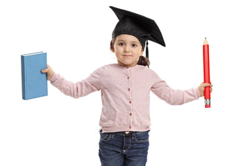 Sticker - Little girl wearing a mortarboard holding a book and a pencil