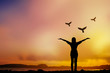 © SIAMRAT.CH - silhouette young women were imprisoned on the island alone, praying and free bird fly over blurred nature sunset background. hope and people concept and international day of peace.