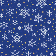 Christmas, New Year Seamless Pattern, Snowflakes Line Illustration. Vector Icons Of Winter Holidays, Cold Season Snow Flakes, Snowfall. Celebration Party Blue White Repeated Background.