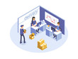 © Formfrom.design - Fast delivery concept. Office workers, logistic operators. Product goods shipping transport. Isometric 3d illustration.