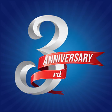 3 years anniversary celebration logotype. 3nd logo with red ribbons on blue background