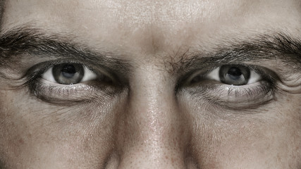 Portrait of a European male close-up with bristles on a gray background. male eyes close-up