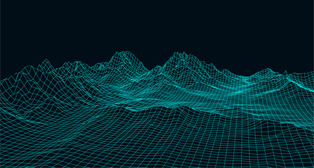 Fototapete - Abstract digital landscape with particles dots and stars on horizon. Wireframe landscape background. Big Data. 3d futuristic vector illustration. 80s Retro Sci-Fi Background