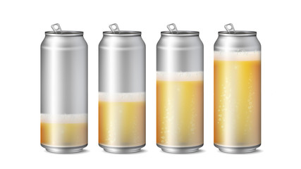 Canvas Print - Realistic Beer Cans Mockup Vector. Beer Background Texture With Foam And Bubbles. Different Level Of Beer. Macro Of Refreshing Beer. Isolated Illustration