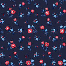 Floral Seamless Colorful Pattern With Blue And Red Flowers On Blue Background. Ditsy Floral Background. Elegant And Tender Vector Illustration For Print, Scrapbooking Etc