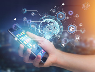 Poster - International business network connection displayed on a futuristic interface with technology icon and sphere globe - Worldwide business concept