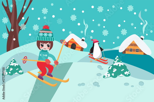 Merry Christmas collection background with cute chibi girl skiing and penguin Poster