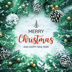 Wall Mural - merry christmas and happy new year typography,text with christmas ornament decoration