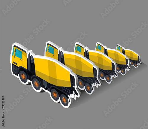 Yellow Concrete Mixers In Isometric Five Concrete Mixers In A Row