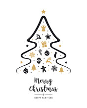 Merry Christmas Tree Greeting Text Elements Card Golden Black White Background