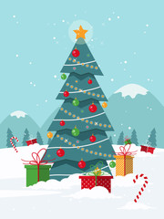 Wall Mural - Christmas Background with Christmas Tree and Gifts. Flat Design Style. 