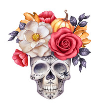 Watercolor Illustration, Halloween Floral Skull, Fall Flowers, Autumn Pumpkin, Dia De Los Muertos, Festive Clip Art Isolated On White Background